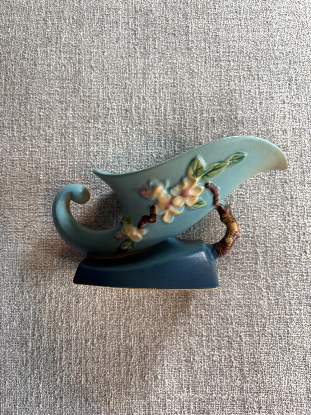 Vintage Roseville Apple Blossom Blue Cornucopia Vase Art Pottery 1940s